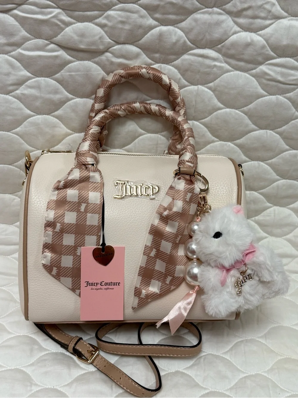 Juicy Couture Cream Satchel with Pink-Tan Scarf and Charm